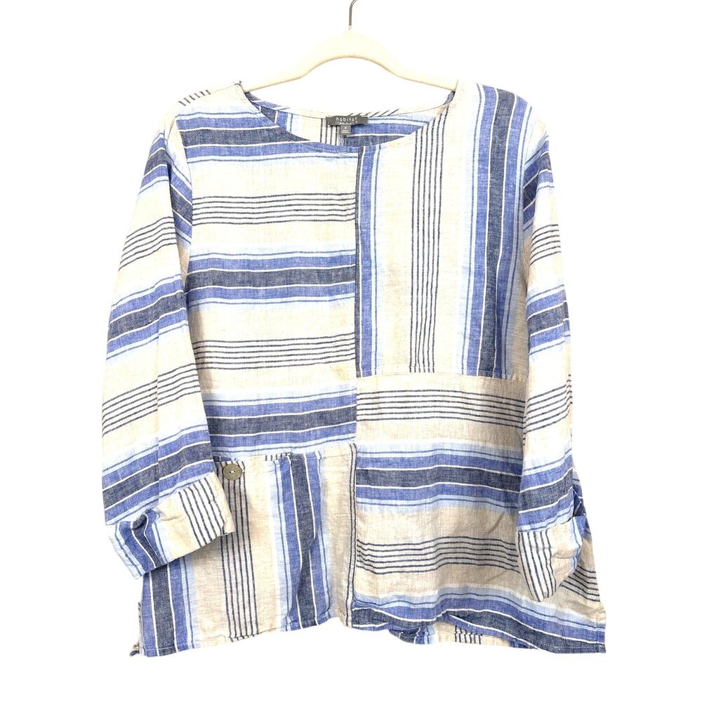 Habitat M Blue White Patchwork Linen Blouse Coastal Artistic Summer